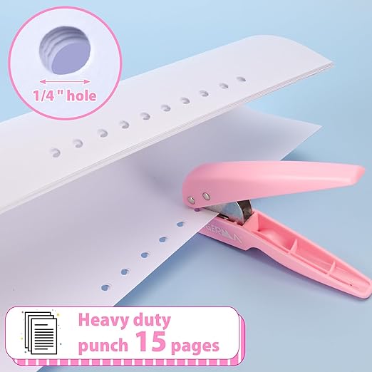 Single Hole Punch, with 30 Pcs Loose Leaf Binder Rings, 1/4" Hole Punches, 50% Labor Savings, Paper Hole Puncher, 15 Sheet Capacity, for Paper Cards Plastic Cardboard, Lightweight, Pink-DeskLoop Office