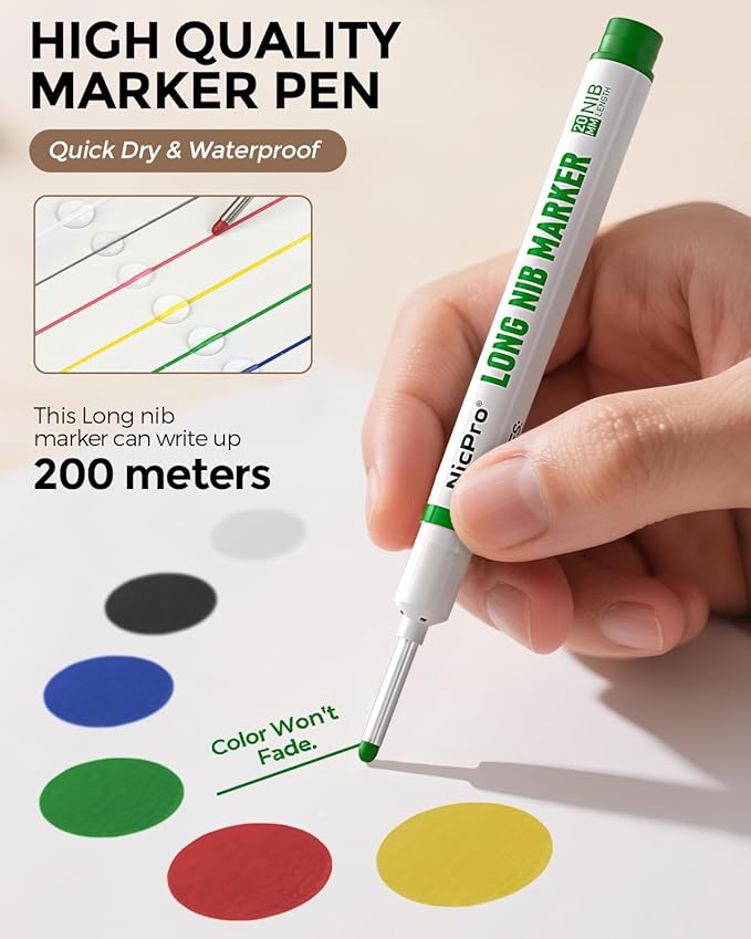 Nicpro 12 PCS Long Nib Marker Pens, 20mm Deep Hole Markers, Quick Dry & Waterproof Construction Marker, Long Head Mark Pens for Metal, Steel, Tile, Glass, Carpenter Marking Tool for Woodworking-DeskLoop Office