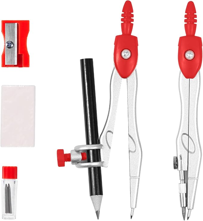 10 Pieces Math Geometry Kit Set Student Supplies with Shatterproof Storage Box,Includes Rulers,Protractor,Compass,Eraser,Pencil Sharpener,Lead Refills,Pencil,for School and Drawings(Red)-DeskLoop Office