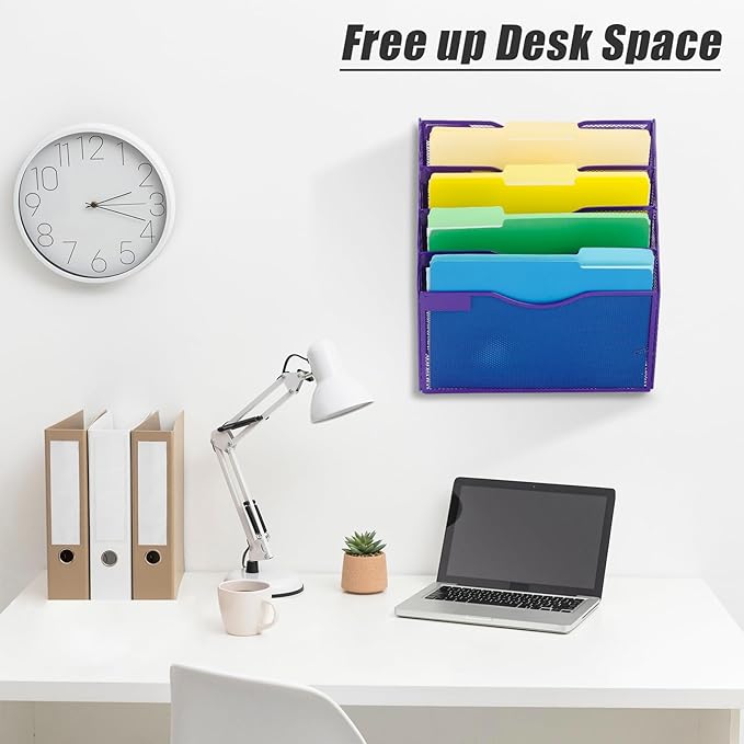 EASEPRES 5 Pocket Mesh Hanging Wall File Organizer, Wall Mounted Mail Paper Document Folder Holder, Clipboard Storage Organization Magazine Rack with Nametag Label for Office Home School, Purple-DeskLoop Office