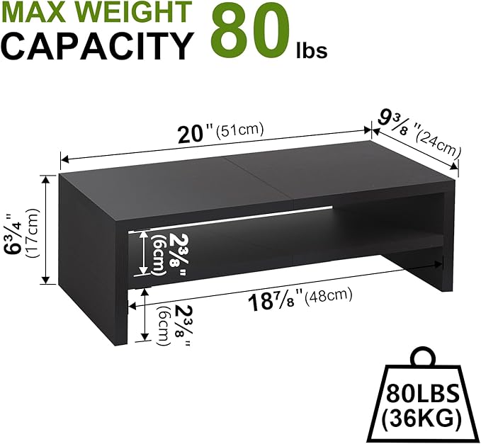 TEAMIX 2 Tiers Wooden Desktop Monitor Stand Riser 20 Inch Printer Stand with Double Storage Small TV Riser Laptop Keyboard Holder Business Desk Organizer Shelf Black Bookshelf-DeskLoop Office