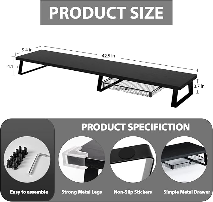Aothia Large Dual Monitor Stand Riser - Monitor Stand For 2 Monitors, Monitor Stand With Drawer,Desk Shelf For Monitor, Wood Monitor Riser Stand with Storage Organize For Pc,Tv,Laptop,Screen (Black)-DeskLoop Office