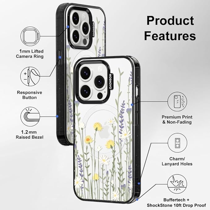 MOSNOVO Magnetic Case for iPhone 14 Pro, 10ft Military-Grade Protection, Compatible with Magsafe, Shockproof Phone Case for iPhone 14 Pro - Wild Meadow - Clear Black-DeskLoop Office