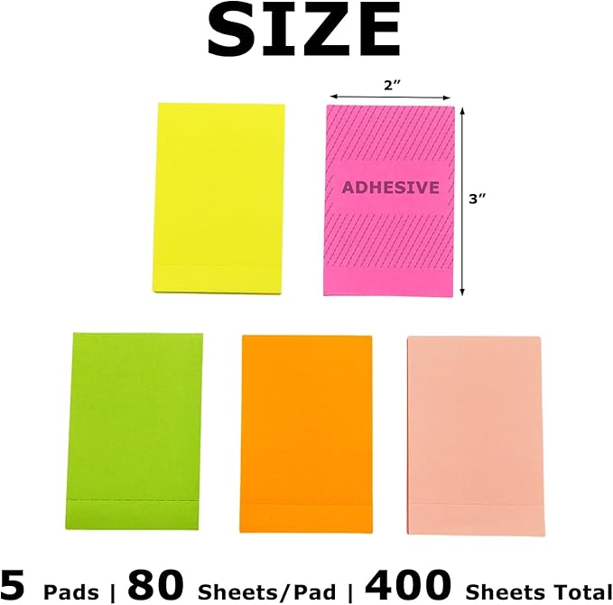 Full Adhesive Sticky Notes 3 x 2 in, Bright Colors, Colorful Small Sticky Notes Full Adhesive Back Self-Stick Note Pads for Office, School Supplies, 80 Sheets/Color, 5 Colors/Pack, 400 Sheets Total-DeskLoop Office