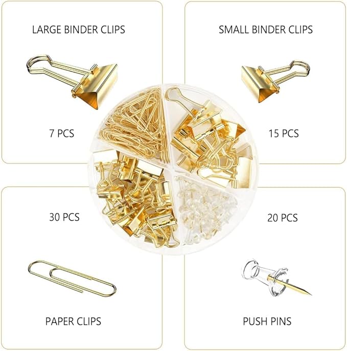 10 Pack, Gold Paper Clips and Binder Clips Set, Metal Assorted Sized Binders with Push Pins, Cute Gold Office Supplies for Desk, Desk Accessories-DeskLoop Office