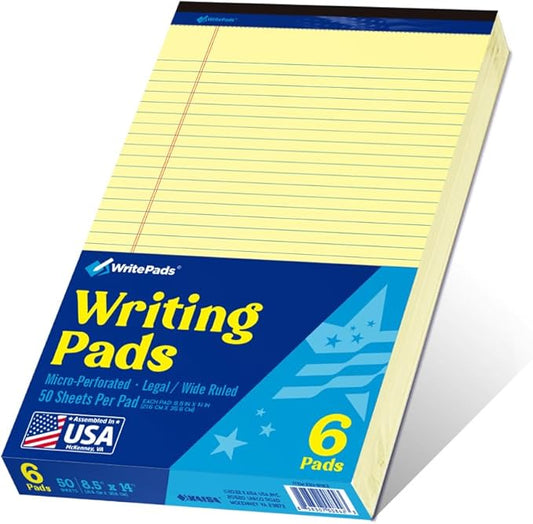 Legal Pad 8.5"x14" Note Pad,Wide Ruled Writing Pad,Canary Paper,6 Pack,50 Sheets Per Pad,Micro perforated Notepad,Made in the USA-DeskLoop Office