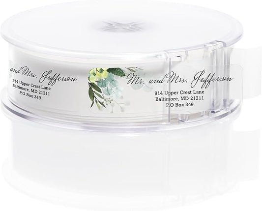 Clear Floral Greenery Rolled Address Labels / 250 Personalized Return Address Labels/Custom Address Stickers in Elegant Plastic Dispenser-DeskLoop Office