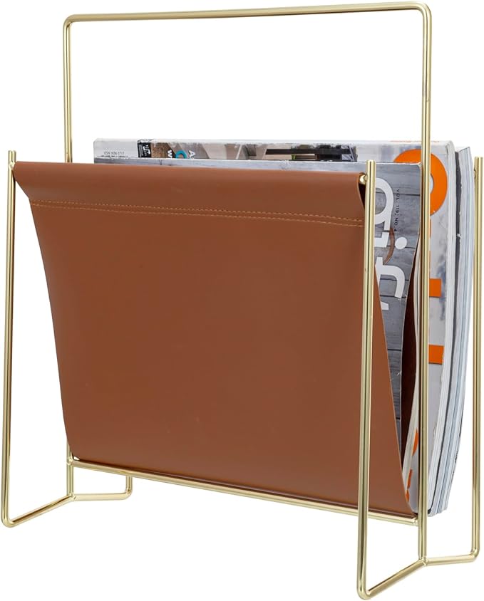 MyGift 13 inch Modern Caramel Leatherette Magazine Holder Floor Standing Sling Style Rack with Brass Tone Metal Frame-DeskLoop Office