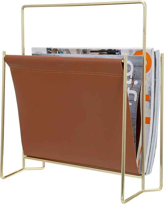 MyGift 13 inch Modern Caramel Leatherette Magazine Holder Floor Standing Sling Style Rack with Brass Tone Metal Frame-DeskLoop Office