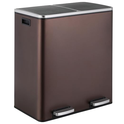 16 Gallon Rectangular Stainless Steel Trash Can, Dual Compartment Garbage Bin with Recycling Combo, Metal Dustbin Lid, Removable Liner, Indoor Hands Free Waste Bucket for Kitchen Home-DeskLoop Office