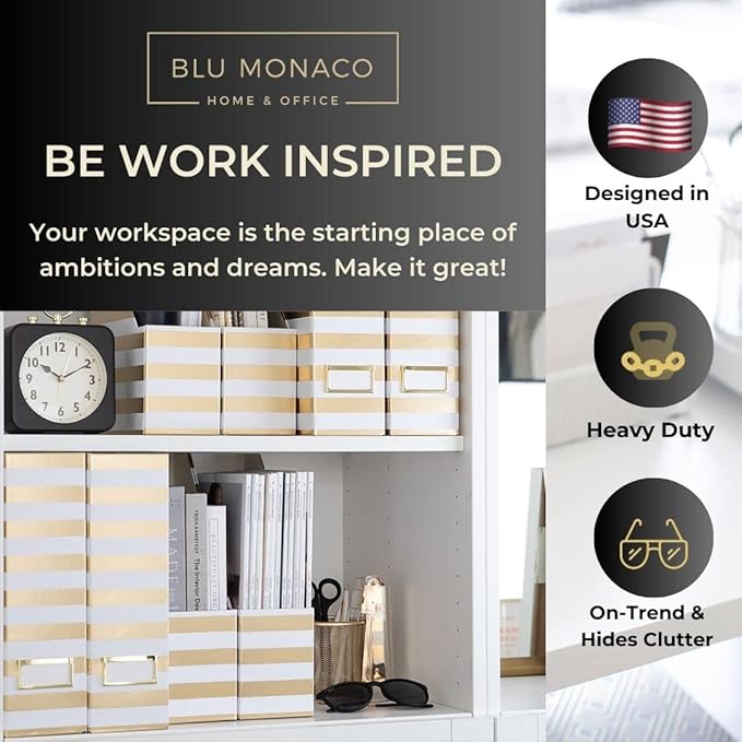 BLU MONACO Set of 4 Gold & White Striped Magazine File Boxes with Gold Label Holders – Stylish File Organizer Box for Desk, Office Supplies, File Folder Holder, and Book Organizer-DeskLoop Office
