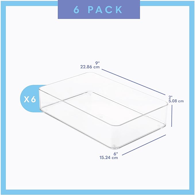 Plastic Clear Drawer Organizers. Bathroom. Kitchen, Bedroom, Utensils, Office Organizer Bins, Storage Trays. Stackable. 9" x 6" x 2" Set of 6-DeskLoop Office