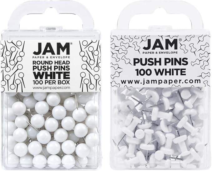 JAM PAPER Colorful Push Pins - Flat & Round Head Thumb Tack Combo Set - White Pushpins - 200/Pack-DeskLoop Office