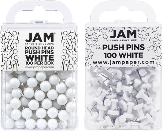 JAM PAPER Colorful Push Pins - Flat & Round Head Thumb Tack Combo Set - White Pushpins - 200/Pack-DeskLoop Office