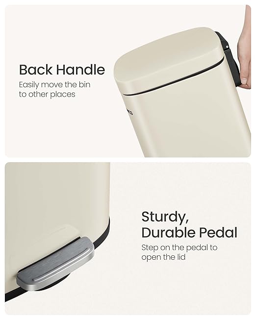 SONGMICS Trash Can with Lid, 8 Gallon Garbage Can, Stainless Steel Small Waste Bin with Step Pedal and Inner Bucket, Soft Close, Kitchen, Sand Beige ULTB003A01-DeskLoop Office