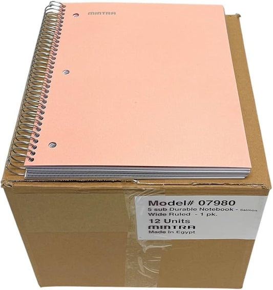 Mintra Office Durable Spiral Notebooks, 5 Subject (Salmon, Wide Ruled 12pk)-DeskLoop Office
