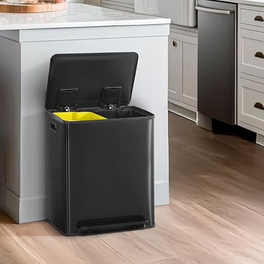 CAPHAUS Black Dual Trash Can w/Single Lid, Trash & Recycle Bins Combo, Hands-Free Stainless-Steel Garbage Can for Kitchen, with 2 Compartment, Hinged Lid, Odor Filters, Handles, 25L+25L, 2 x 6.6 Gal-DeskLoop Office