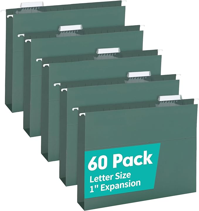 HERKKA Extra Capacity Hanging File Folders, 60 Pack Reinforced Letter Size Hanging Folders with Heavy Duty 1 Inch Expansion, Designed for Bulky Files, Medical Charts, Green-DeskLoop Office