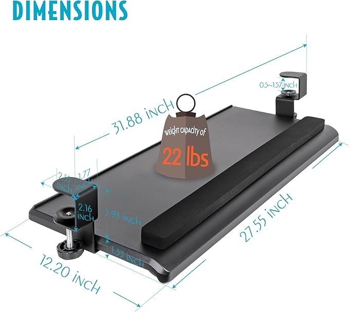EHO Large Ergonomic C-Clamp Keyboard Tray Mount Under Desk with Wrist Rest, Slide-Out Platform 27.5" (31.8" Including Clamps) x 12.5", Pull Out Keyboard & Mouse Tray for Home or Office, Black-DeskLoop Office