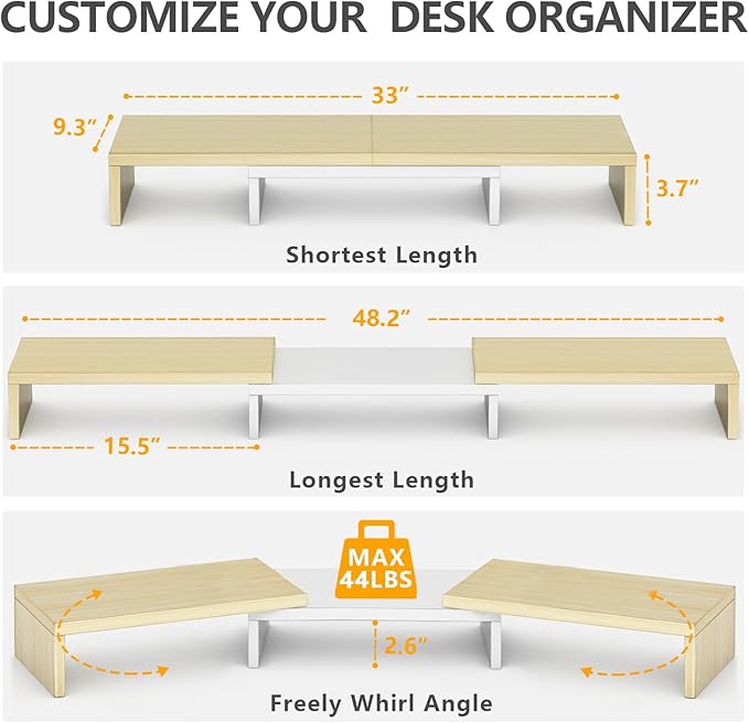 TAVR Dual Monitor Stand Riser, Computer Monitor Stands for 2 Monitors, Extra Long Multifunctional Desktop Organizer Riser for Computer, Laptop, PC, Printer, TV, Max 48.2" Length, Oak-DeskLoop Office