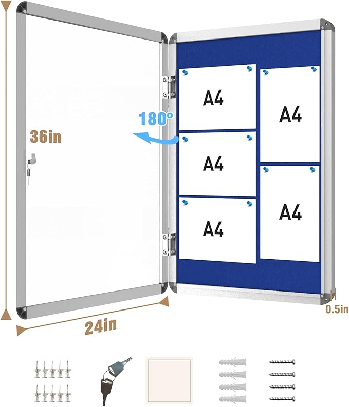 36"x24" Enclosed Bulletin Board, Lockable Weather-Resistant Aluminum Cork Noticeboard for School & Office, Silver Frame w/Blue Flet-DeskLoop Office