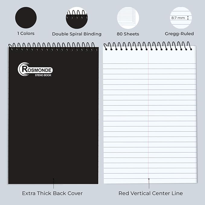 12 Pack Spiral Steno Pads, 6 x 9, Gregg Rule, Black Steno Pad, Long Lasting - 80 Sheets (160 Pages), Top Spiral Notebook, Bulk Steno Notebook for Business, Top Spiral Steno Book for Office