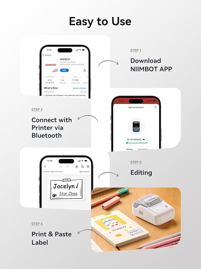 NIIMBOT B1 Bluetooth Label Maker Machine with Tape, Easy to Use, Large Waterproof Label, 2 Inch Portable Thermal Label Printer with Multiple Templates for Kitchen,Home, School, Small Business,Grey-DeskLoop Office