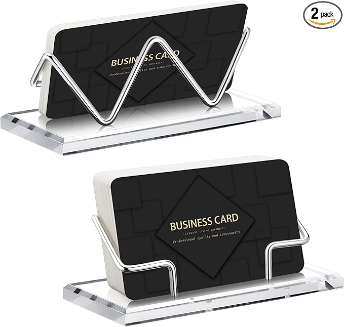 Amyhill 2 Pieces Acrylic Business Card Holder for Desk Clear Horizontal Business Card Display Stand Postcard Holder for Office Home Desktop (Silver)-DeskLoop Office