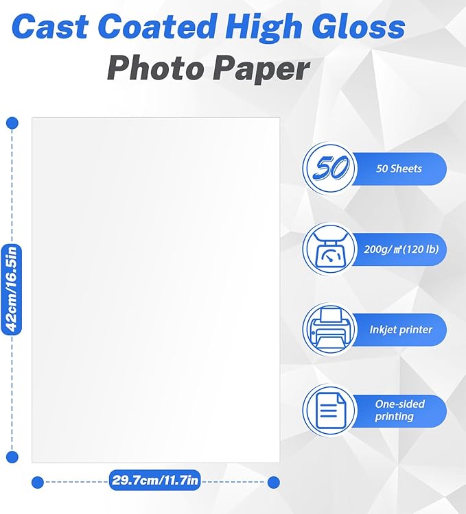 50 Sheets A3 Photo Paper Single Sided, 200 gsm White High Glossy Paper, Advanced Photographic Photo Printer Paper for Inkjet Printer Printing Picture Cover Brochures-DeskLoop Office