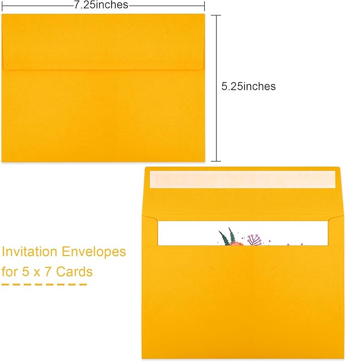 Joyberg 50 Pack Yellow 5x7 Envelopes - Self Seal for Weddings, Photos, Greeting Cards & Mailing-DeskLoop Office