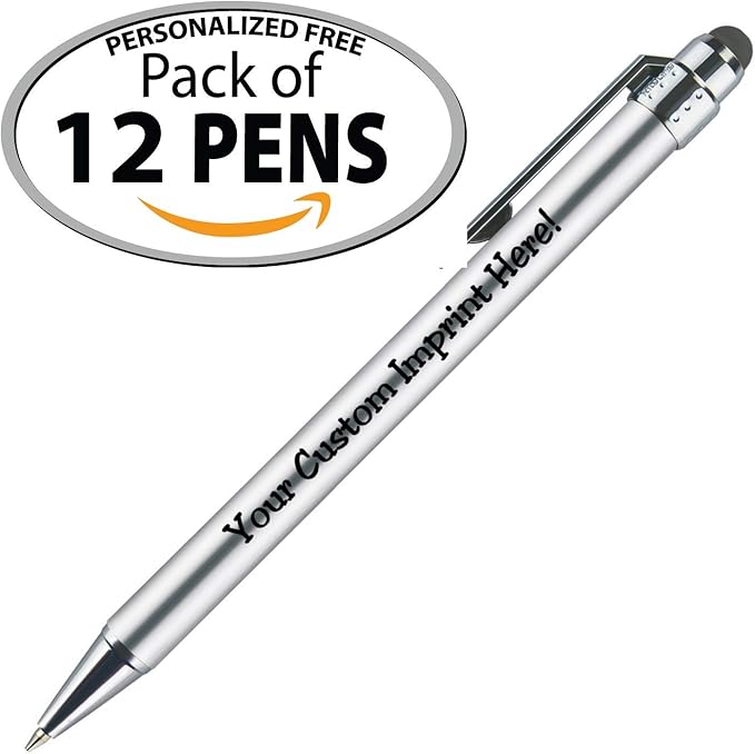 Personalized Pens with Stylus Tip -Bright Vibes- Click action - Custom - Black writing - Printed Name pens - Imprinted with Your Logo or Message - FREE PERSONALIZATION - 12 Pens/Box (Silver)-DeskLoop Office
