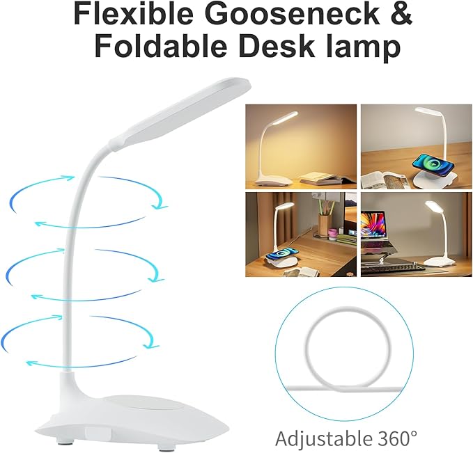 LED Desk Lamp Wireless Charging Desk Lamp with Touch Control Dimmable Office Desk Light Eye-Caring Office Lamp with Adjustable Gooseneck Table Lamp, Reading Lamp Table Lamp for Bedroom Bedside Study-DeskLoop Office