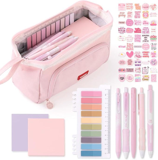 HVOMO Stationery Set,1 large-capacity pencil case,5 quick-drying pens,50 waterproof stickers,2 sticky note pads(200 sheets),1 set of 10-color index labels (200 sheets),Student stationery gift(Pink)-DeskLoop Office