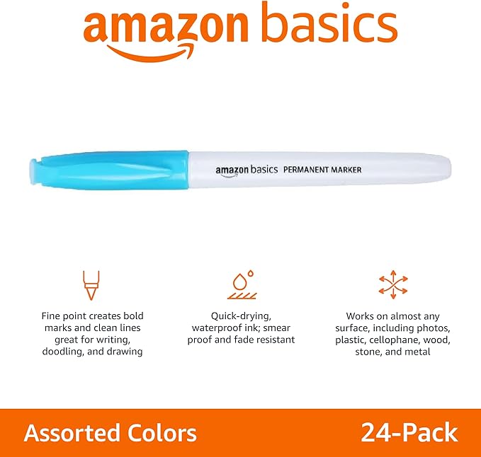Amazon Basics Fine Tip Point Permanent Markers for Office, School, and Home Use, Assorted Colors, 24 Pack-DeskLoop Office