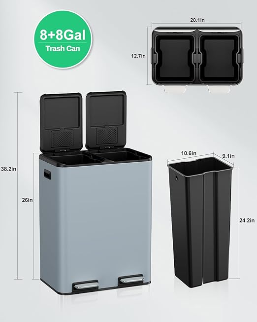 TLSUNNY Kitchen Dual Trash Can, 60L Hands-Free Stainless Steel Garbage Can, Classified Rubbish Bin with Double Compartments, Soft-Close Lid, Inner Bucket, Odor Control (60L) (Haze Blue)-DeskLoop Office