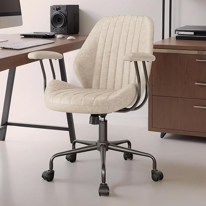 Mid Century Modren Office Chair - Swivel Executive Chair with Lumbar Support, Mid Back Ergonomic Computer Desk Chair with Wheels,Faux Lether Suede Task Chair,350lbs (Beige, Mid Back)-DeskLoop Office