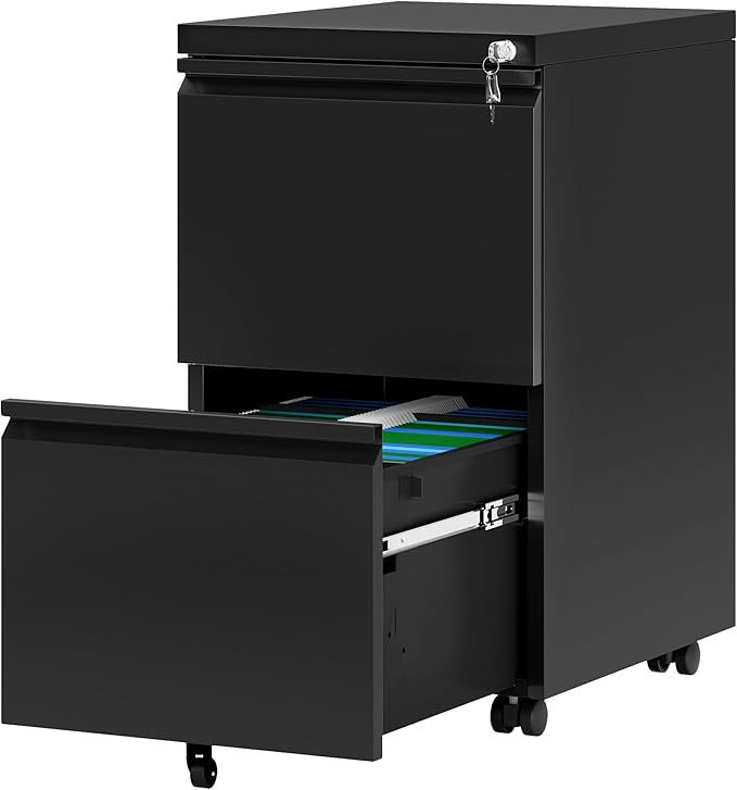 YITAHOME 2 Drawer File Cabinet with Lock, Mobile Metal Filing Cabinet for Letters/Legal/A4 Size, Home Office & Business Enterprise, Fully Assembled Except Wheels, Black-DeskLoop Office