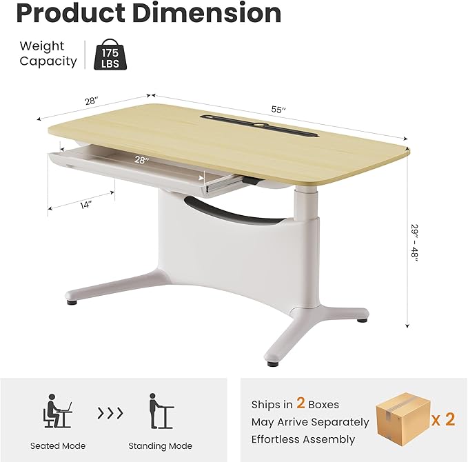 COLAMY Electric Adjustable Standing Desk – 48 x 28 Inch Sit Stand Desk with Drawer & Cable Management, Dual Motor Lift System, Ergonomic Footrest, Home Office Table (MFC Desktop, Light Maple + White)-DeskLoop Office