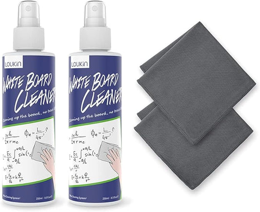 loukin Non-Toxic Whiteboard Cleaner, 8.5 fl oz Dry Erase Board Cleaner, Whiteboard Cleaning Spray with Cloths, Removes Stubborn Marks from Whiteboards (2-Pack)-DeskLoop Office