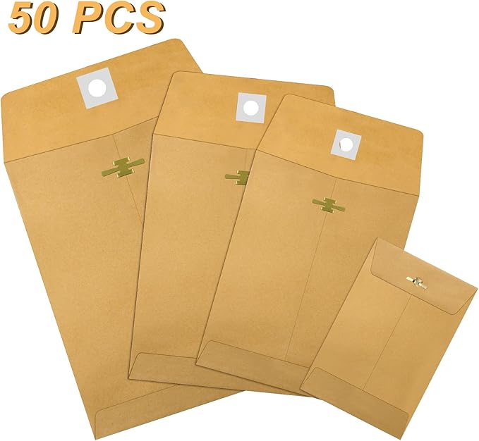 Frienda 4 Sizes Clasp Envelopes Kraft Paper Catalog Clasp Envelope with Closure for Filing, Storing or Mailing Documents, 50 Pieces(5 x 7 In, 6 x 9 In, 9 x 12 In, 10 x 13 In,Brown)-DeskLoop Office