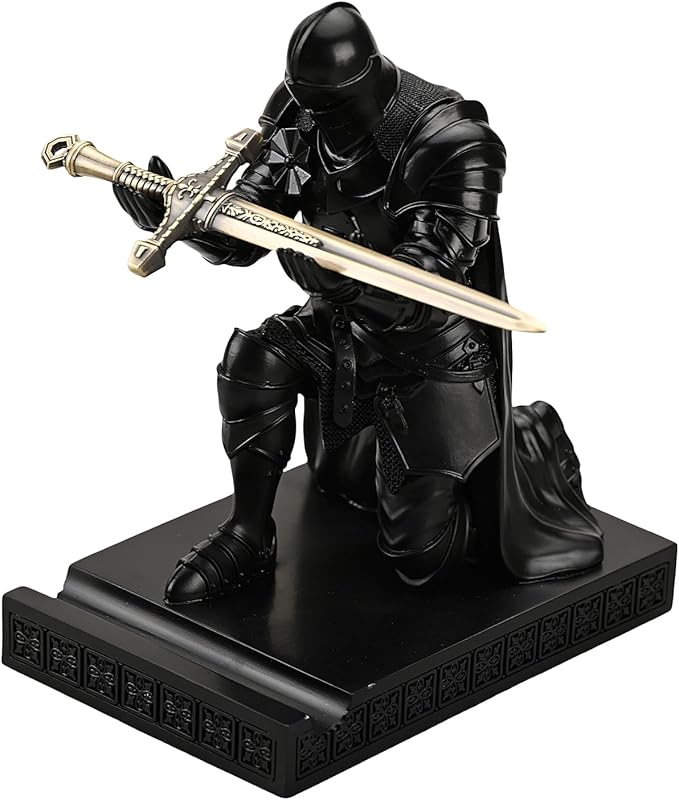 Medieval Armored Warrior Wearing Outerwear, Mobile Phone Stand Knight Pen Holder Desk Organizers, Resin Bookends Paperweight with a Letter Opener for Desk (Black)-DeskLoop Office