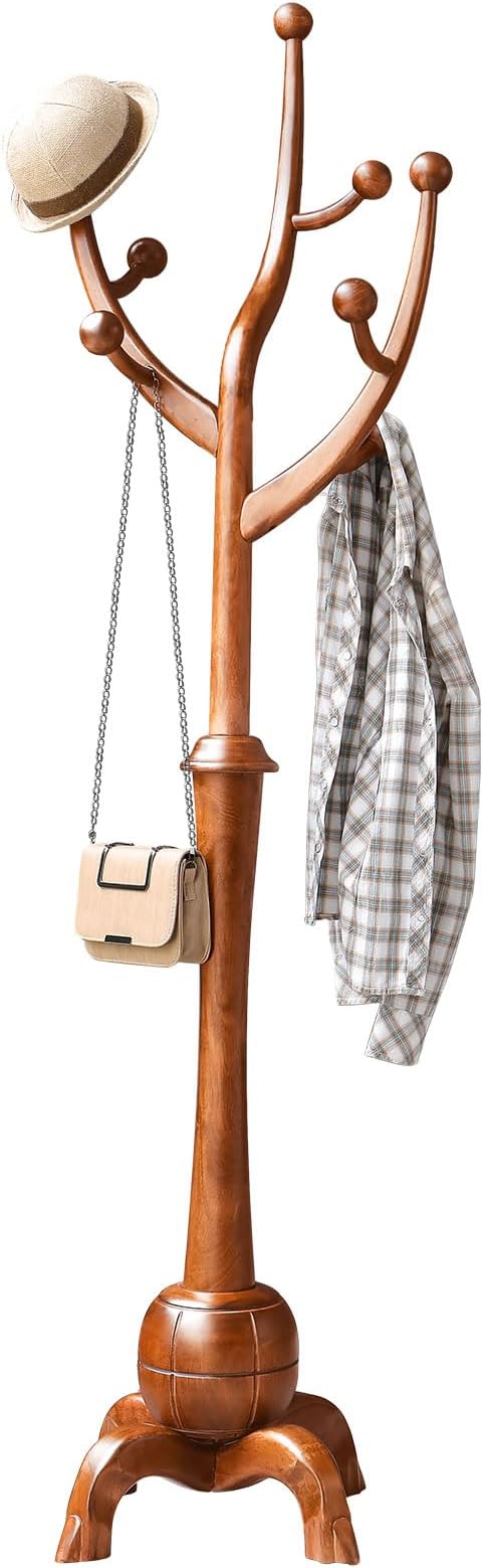 Coat Rack Freestanding Wood Tree Rack with 8 Hooks, Creative Design Tree Branch-look, Coat Tree Clothes Hanger Stand with Stable Sphere Base for Entryway, Hallway, Bedroom - Load 160lbs (Light Brown)-DeskLoop Office