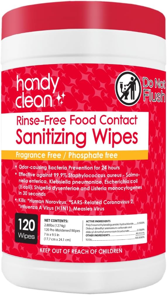 HandyClean Rinse-Free Food Contact Sanitizing Wipes Canister, Multi Surface Cleaning Supplies for Kitchen and Professional Setting One Canister (120 Wipes)-DeskLoop Office
