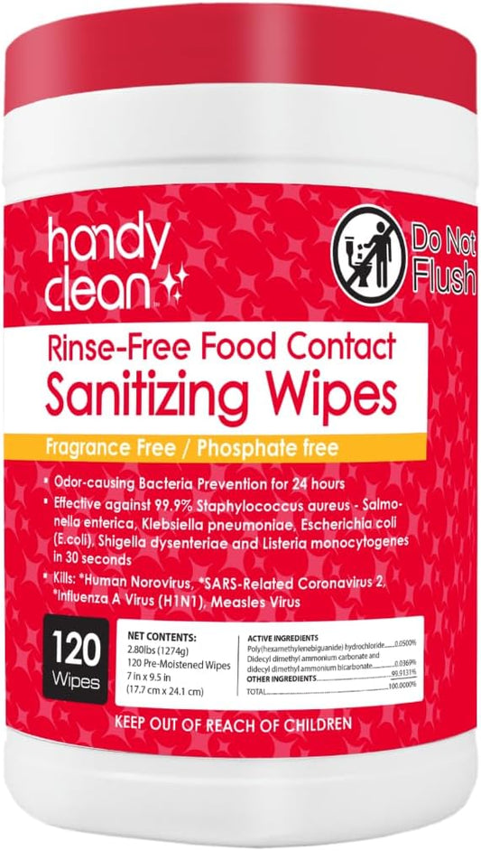 HandyClean Rinse-Free Food Contact Sanitizing Wipes Canister, Multi Surface Cleaning Supplies for Kitchen and Professional Setting One Canister (120 Wipes)-DeskLoop Office