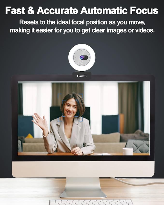 2K Webcam with Light, HD Webcam for PC with Built-in Privacy Cover, Adjustable Brightness, Noise Reduction Mics, for Zoom Skype Teams Laptop and Google Meet-DeskLoop Office