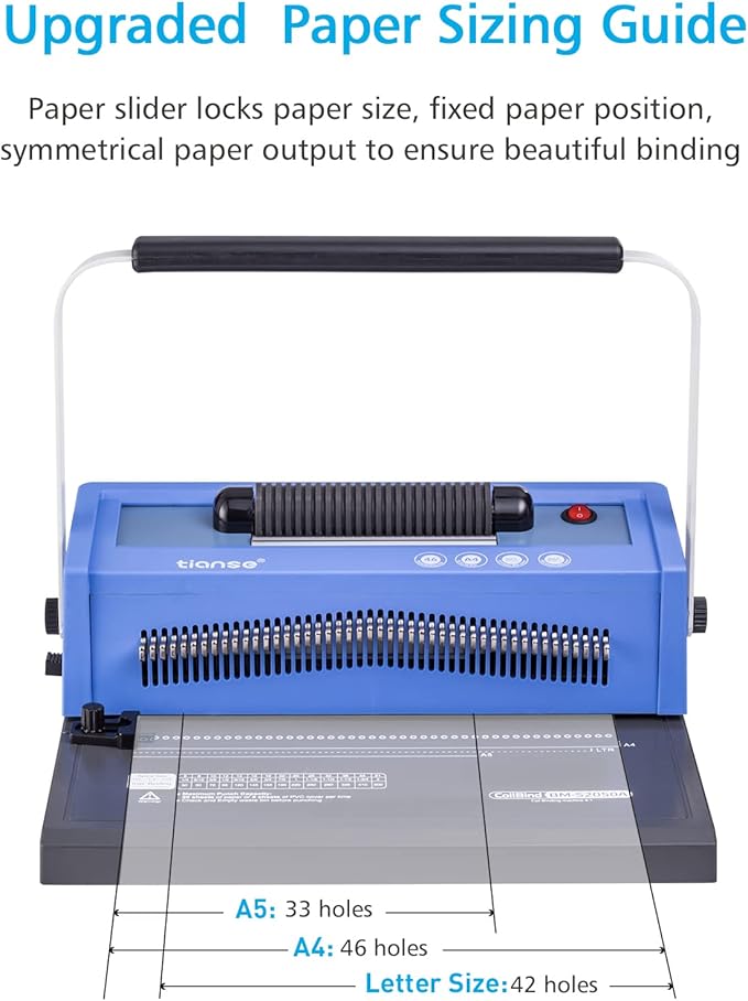 TIANSE Spiral Coil Binding Machine, Manual Book Maker Punch Binder with Electric Coil Inserter, Disengaging pins, Adjustable Side Margin, Comes with 100pcs 5/16'' Plastic Coil Binding Spines & Plier-DeskLoop Office