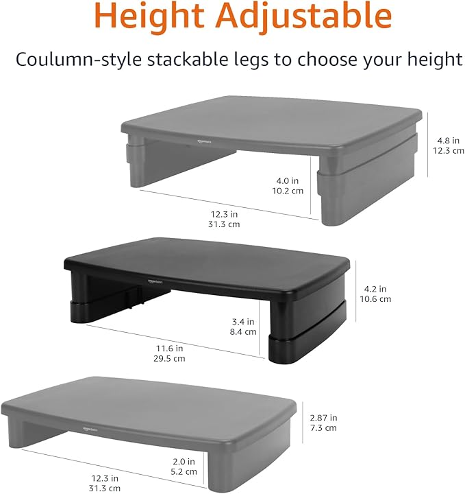 Amazon Basics Height Adjustable Rectangular Computer Monitor Riser Desk Stand with Storage for Reduced Neck Strain - Fits Monitors, Laptops Up to 22lbs, Black-DeskLoop Office