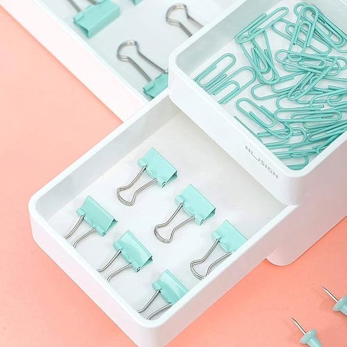 Paper Clips and Binder Clips Set, Metal Assorted Sized Binders with Push Pins, Cute Office Supplies for Desk, Desk Accessories (Green Set of 3)-DeskLoop Office