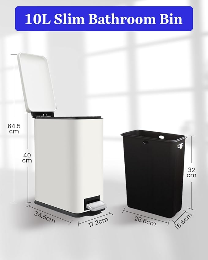Trash Can with Lid, 10 L Bathroom Waste Bin, Small Pedal Bin, Stainless Steel Garbage Can for Bathroom, Bedroom and Office, White-DeskLoop Office