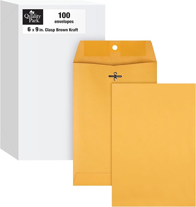 Quality Park 6 x 9 Clasp Envelopes, Clasp and Gummed Closures for Storing or Mailing, 28 lb Kraft Paper, 100 per Box (QUA37855)-DeskLoop Office